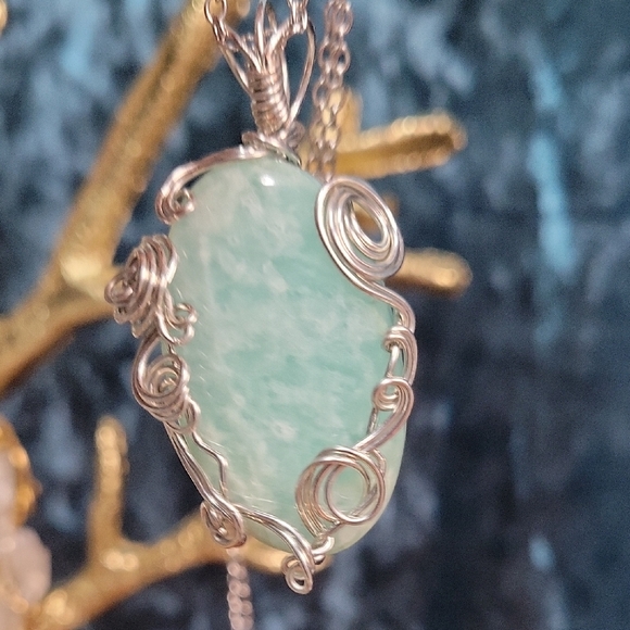 Handmade - Wire Wralled Amazonite CA and Aqua Pendant Necklace - Picture 4 of 7